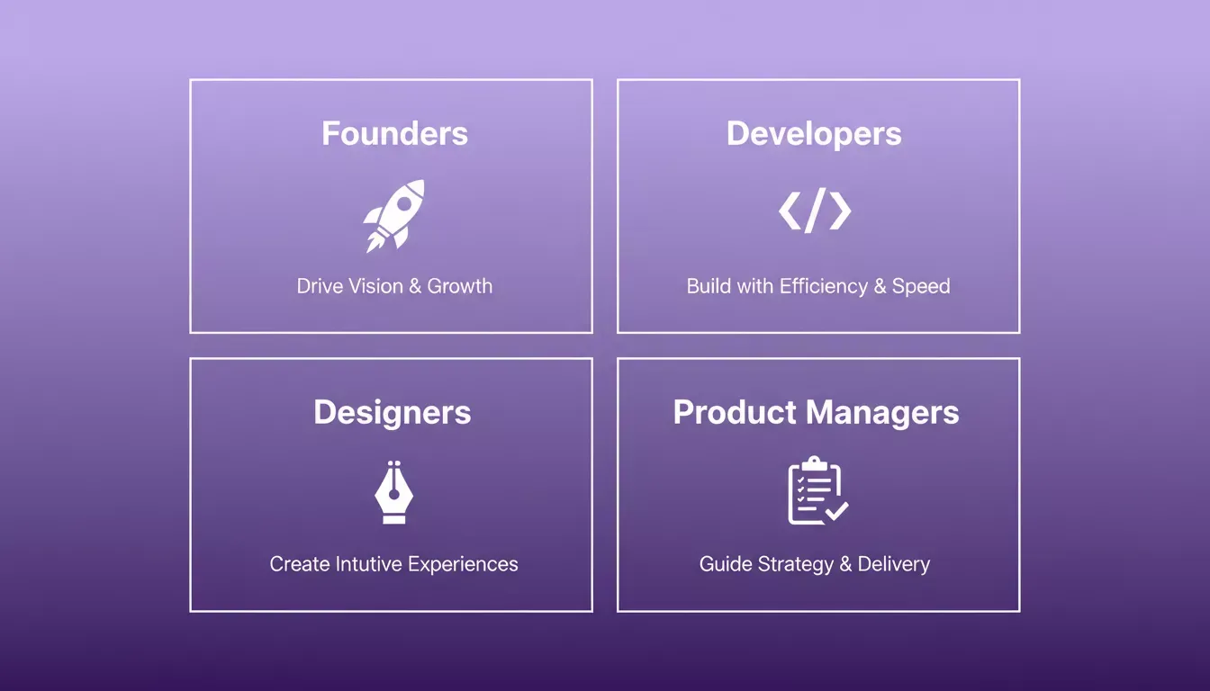 Role-based grid showing how Founders, Developers, Designers, and Product Managers each benefit from low-code