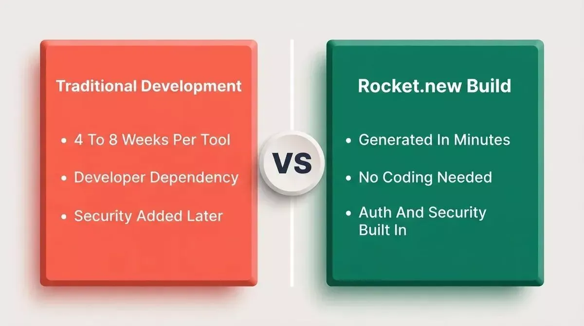 Split panel comparison: Traditional Development vs Rocket.new Build 