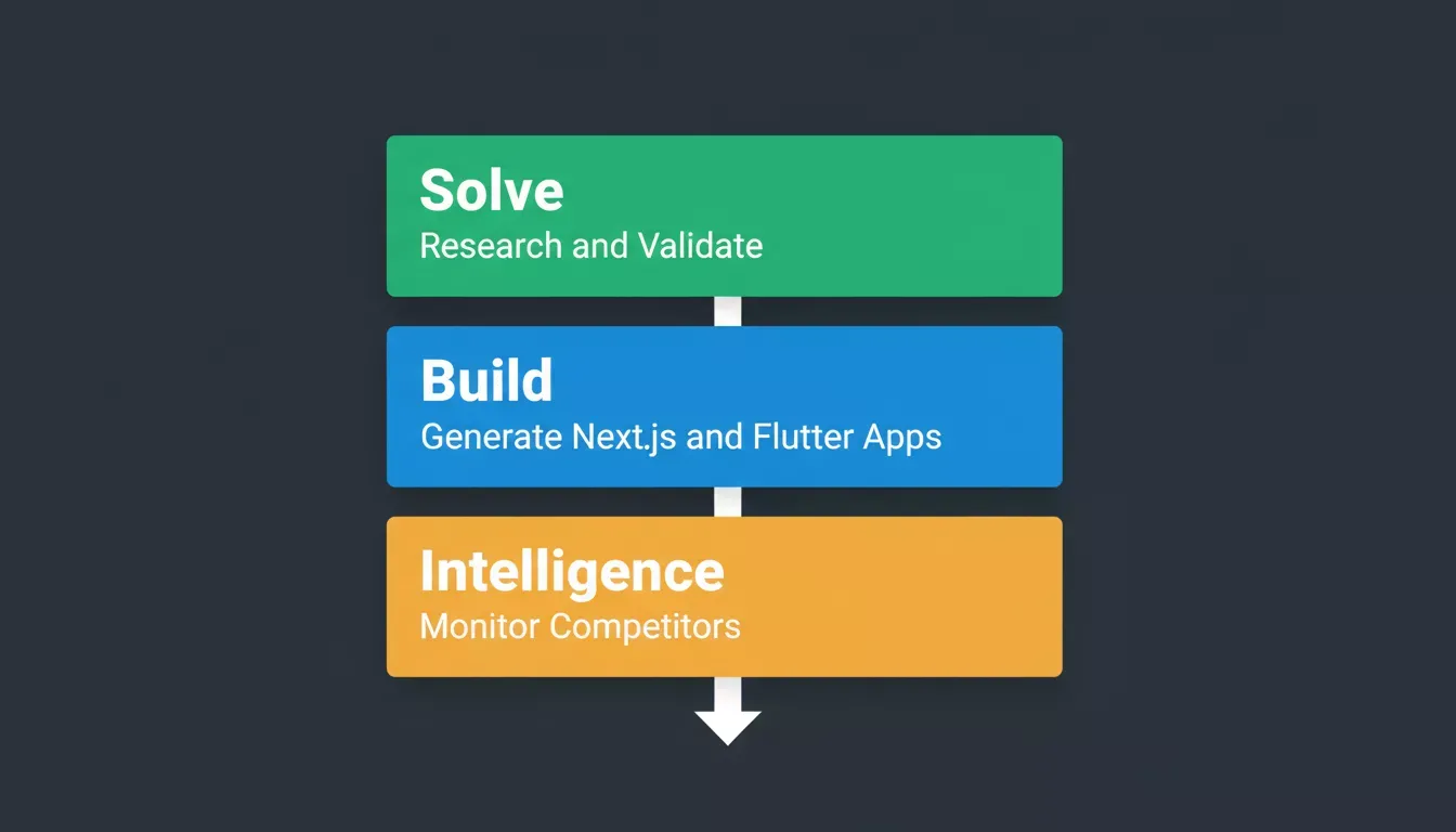 Rocket.new three-pillar platform diagram showing Solve, Build, and Intelligence layers