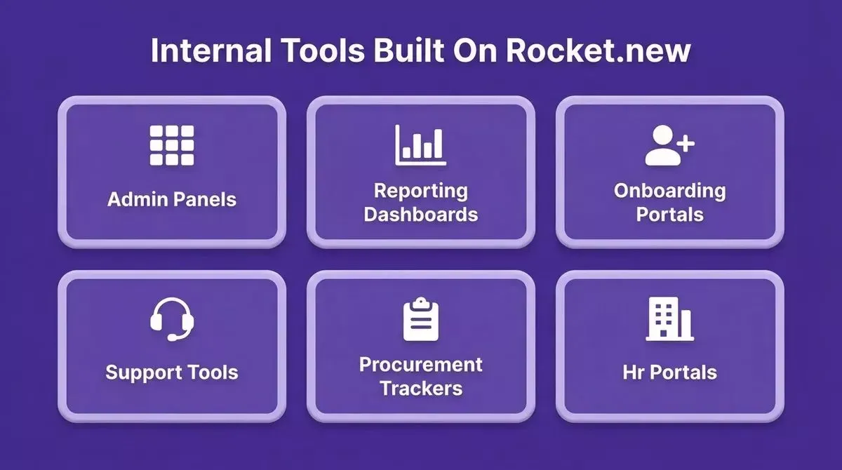 Internal tools built on Rocket.new: Admin Panels, Reporting Dashboards, Onboarding Portals, Support Tools, Procurement Trackers, Hr Portals with icons.