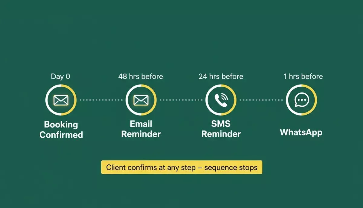 Notification sequence timeline showing Booking Confirmed at Day 0, Email Reminder at 48 hours before, SMS Reminder at 24 hours before, and WhatsApp at 2 hours before appointment