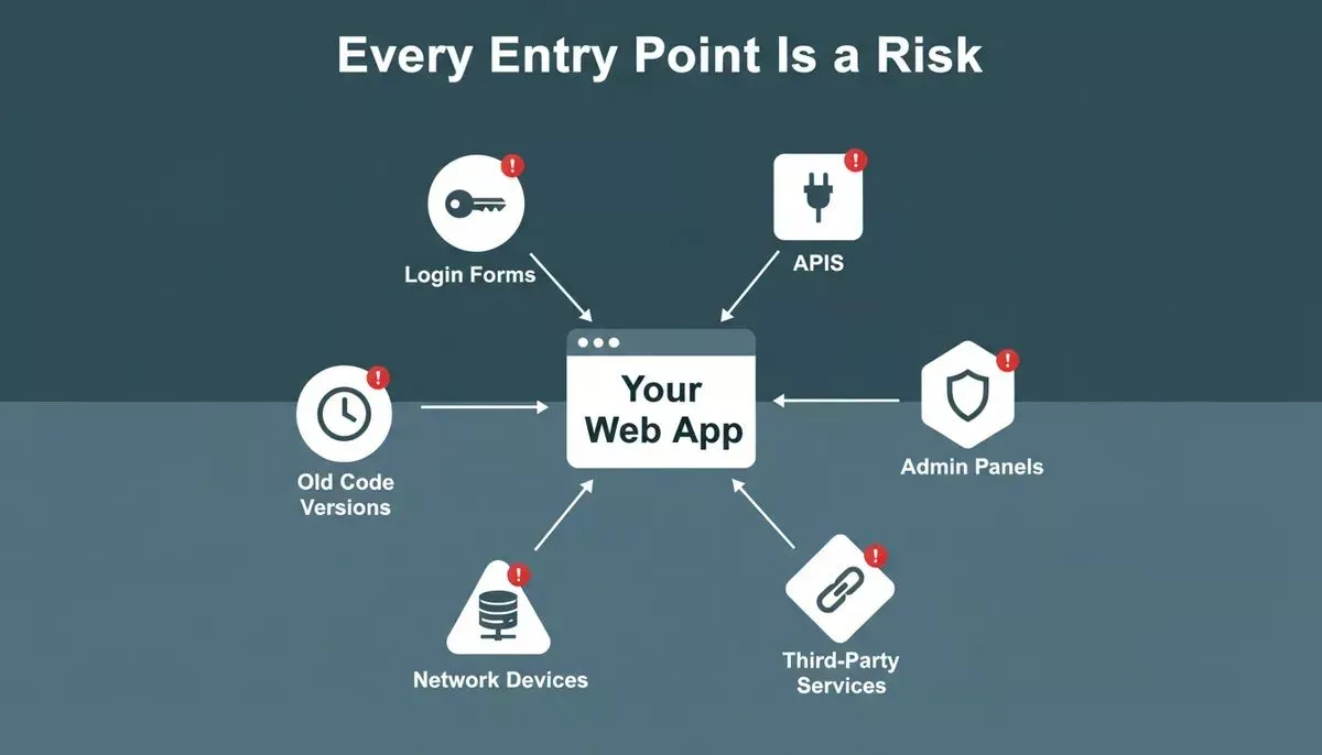 Attack surface diagram showing a central web app surrounded by six labeled risk nodes