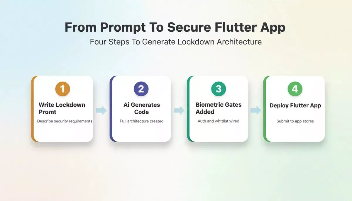 Four-step process flow: Write Lockdown Prompt, AI Generates Code, Biometric Gates Added, Deploy Flutter App