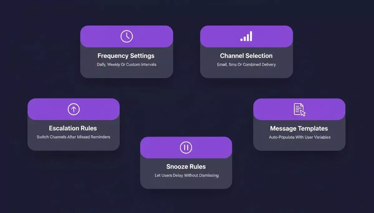 Five reminder configuration cards with 3D floating depth effect