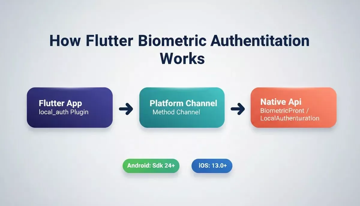 Flutter app sending authentication request through a platform channel to native Android BiometricPrompt and iOS LocalAuthentication APIs