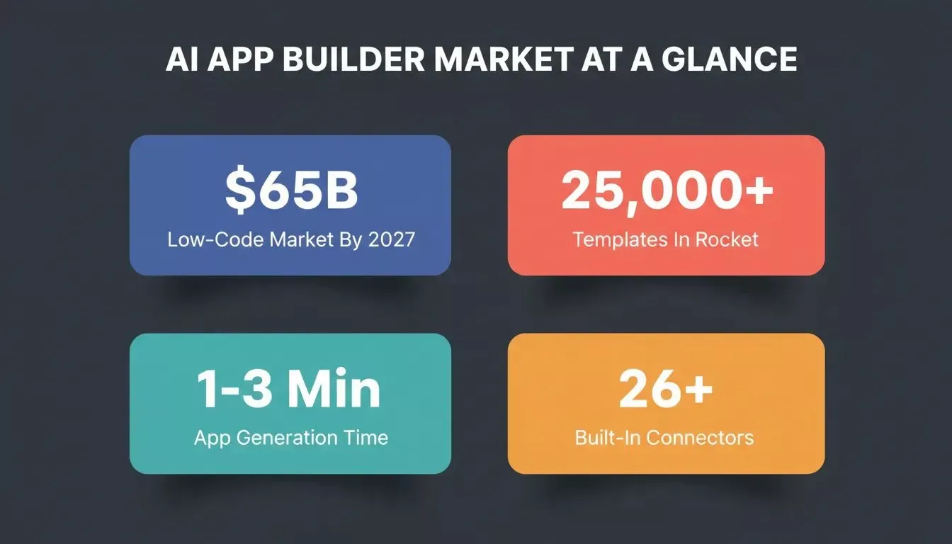 Key AI app builder market numbers: $65B low-code market by 2027, 25K plus Rocket templates, 1-3 minute generation time, and 26+ built-in connectors