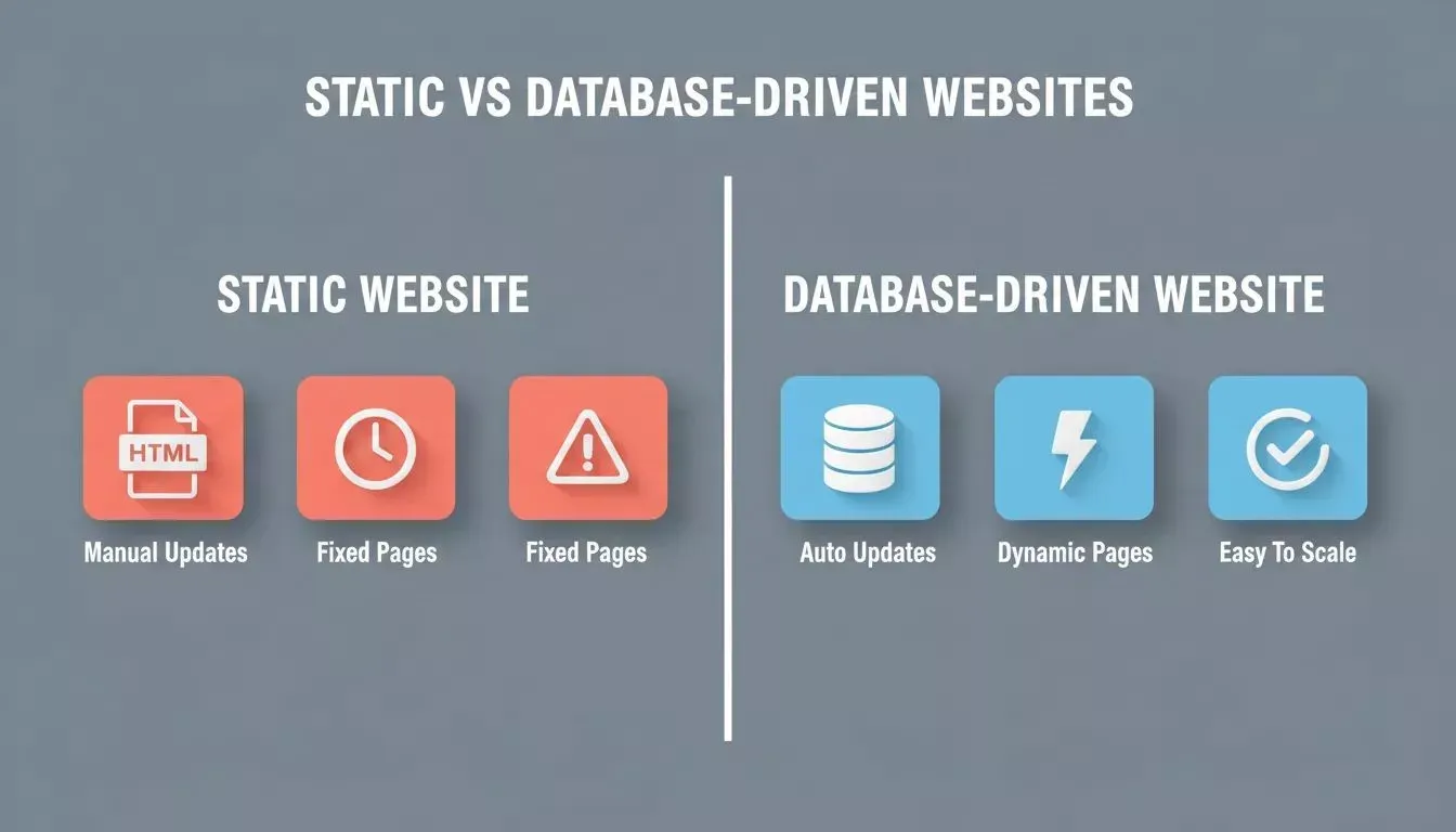 Split comparison of Static Website vs Database-Driven Website with 3D icon tiles and key differences