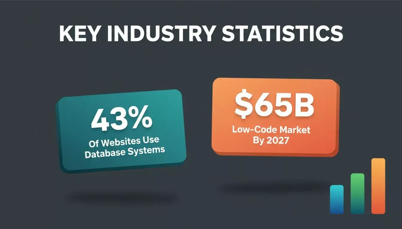 Two 3D stat cards showing 43% of websites use database-driven systems and $65B low-code market by 2027