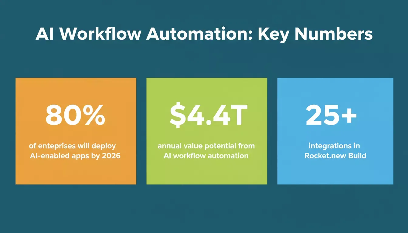 AI Workflow Automation: Key Numbers showing 80% enterprise adoption by 2026, $4.4T annual value potential, and 25+ integrations in Rocket.new Build
