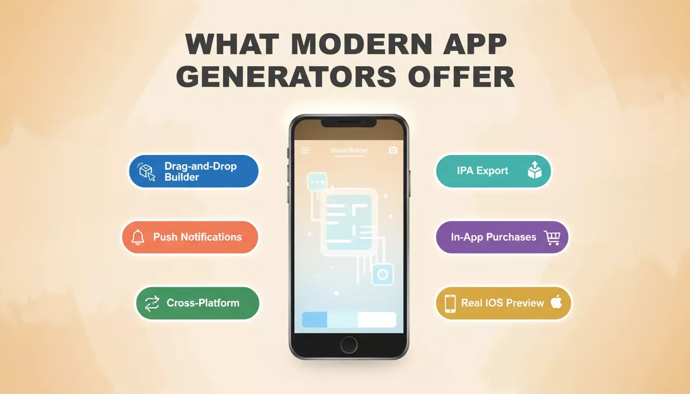 What Modern App Generators Offer — feature badges including drag-and-drop, IPA export, push notifications, and cross-platform support