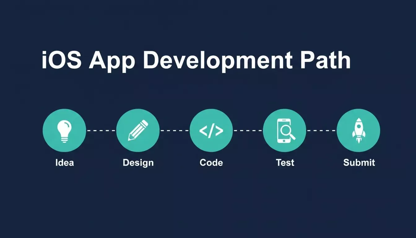 iOS App Development Path showing five milestones: Idea, Design, Code, Test, Submit on a navy and teal timeline