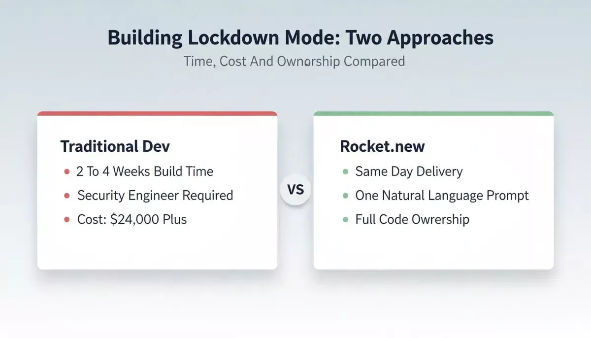 Traditional Dev takes 2-4 weeks and costs $24,000 plus versus Rocket.new delivers same day with one prompt and full code ownership