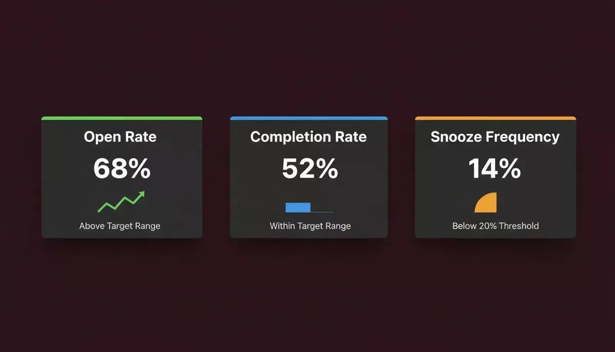 SaaS reminder performance dashboard with 3D floating metric cards on dark burgundy background