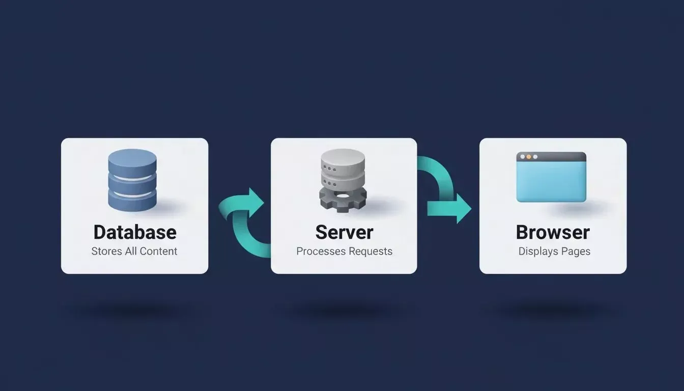Three 3D floating cards showing Database, Server, and Browser connected by arrows