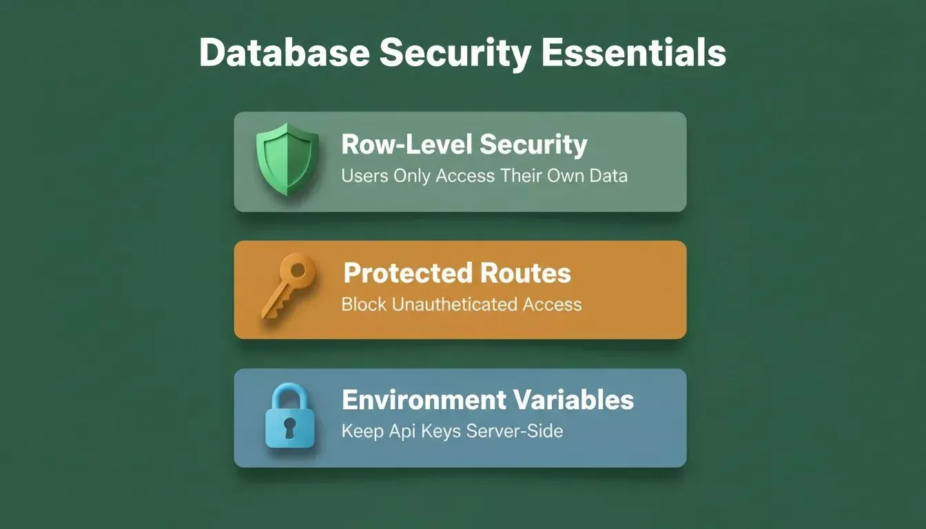 Three 3D security cards on forest green: Row-Level Security, Protected Routes, Environment Variables