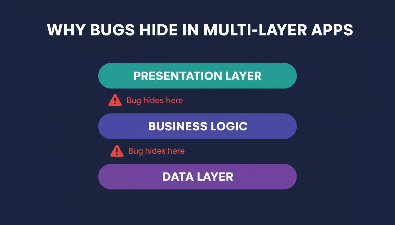 Why Bugs Hide in Multi-Layer Apps — stacked layer diagram showing Presentation, Business Logic, and Data layers with bug warning indicators between each