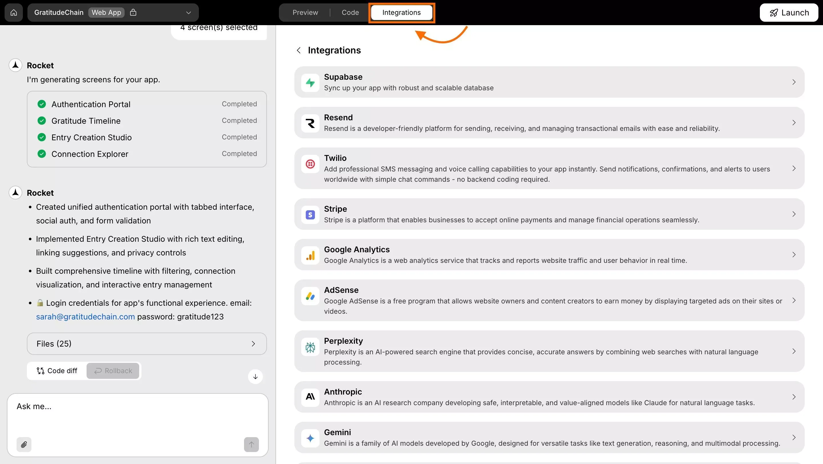 Connectors panel inside a Rocket.new Build task showing the OpenAI integration card with Connect, Edit, and Disconnect options