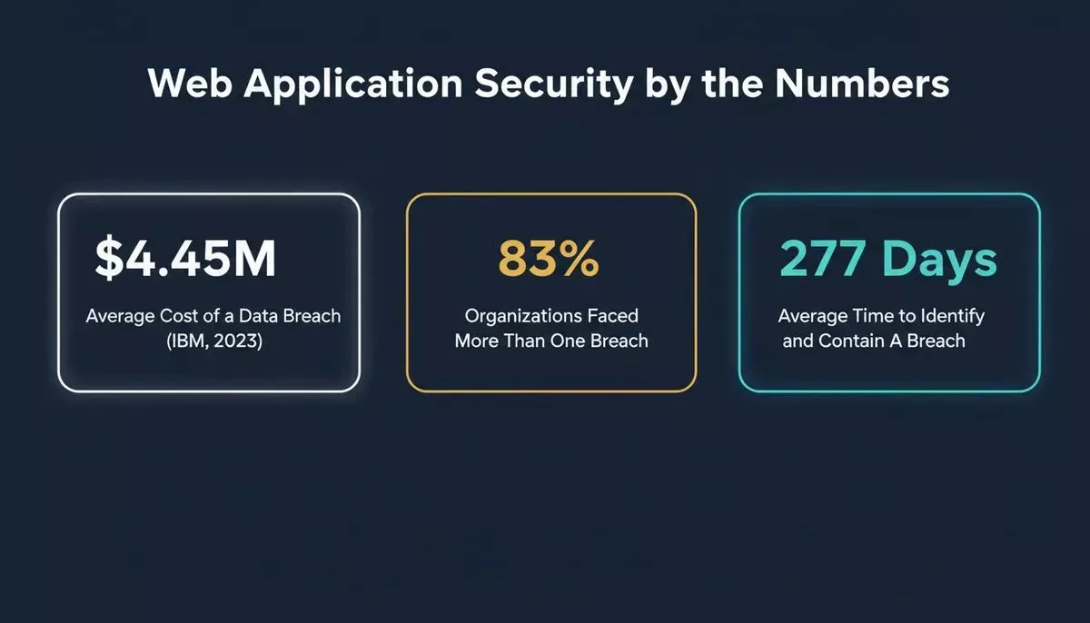 Three stat cards showing $4.45M average breach cost, 83% of organizations faced more than one breach, and 277 days average time to identify and contain a breach 