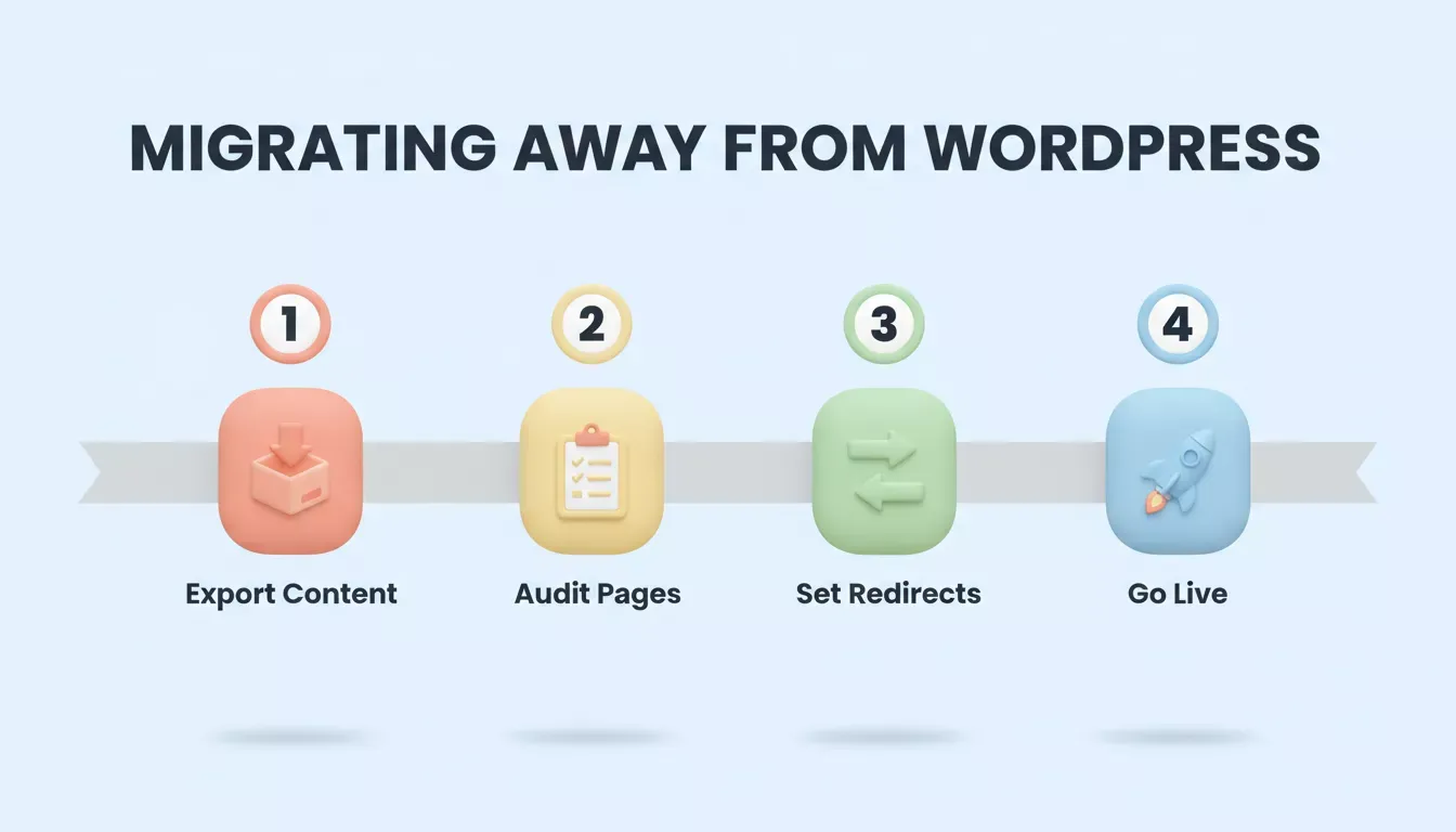 Migrating Away from WordPress: four milestone steps showing Export Content, Audit Pages, Set Redirects, and Go Live