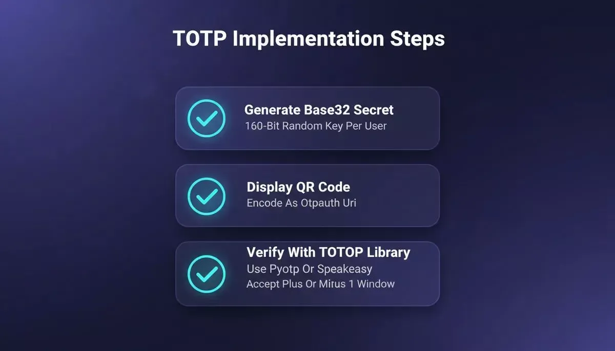 TOTP developer checklist: generate Base32 secret, display QR code, verify with TOTP library, handle clock drift