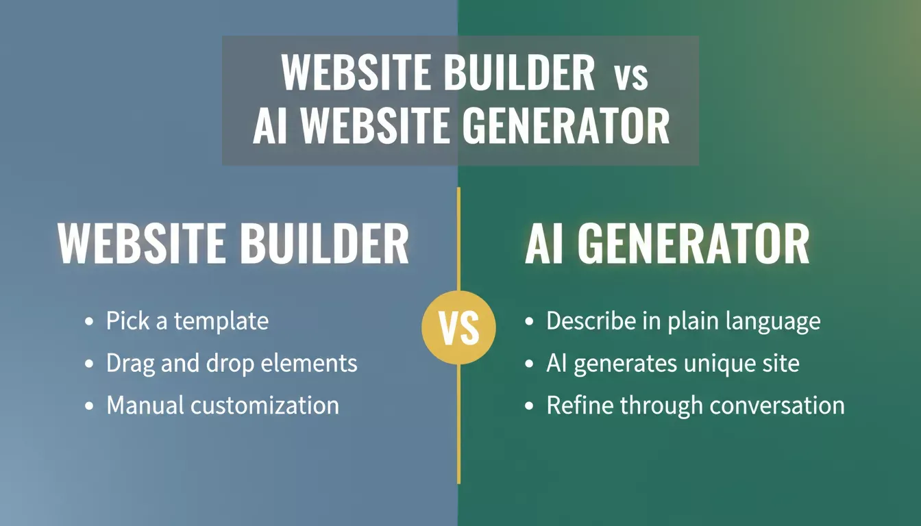 Website Builder vs AI Website Generator — split comparison showing Website Builder with pick a template, drag and drop, manual customization vs AI Generator with describe in plain language, AI generates unique site, refine through conversation