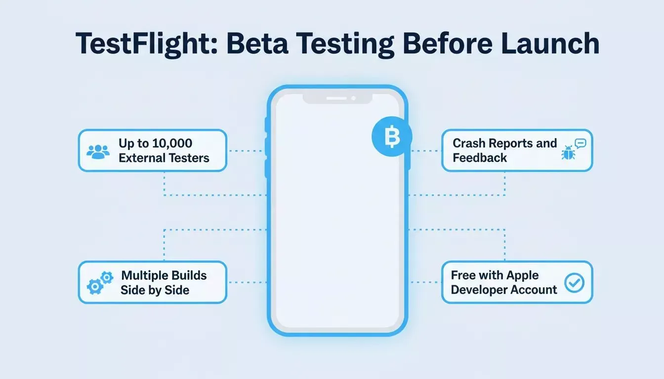 TestFlight Beta Testing Before Launch infographic showing phone with beta badge and four callout boxes for key features