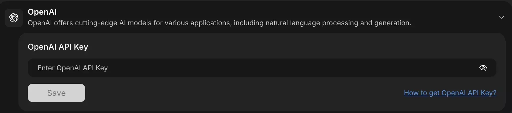 Secure OpenAI API key input popup inside Rocket.new showing a text field for pasting the API key and a Connect button