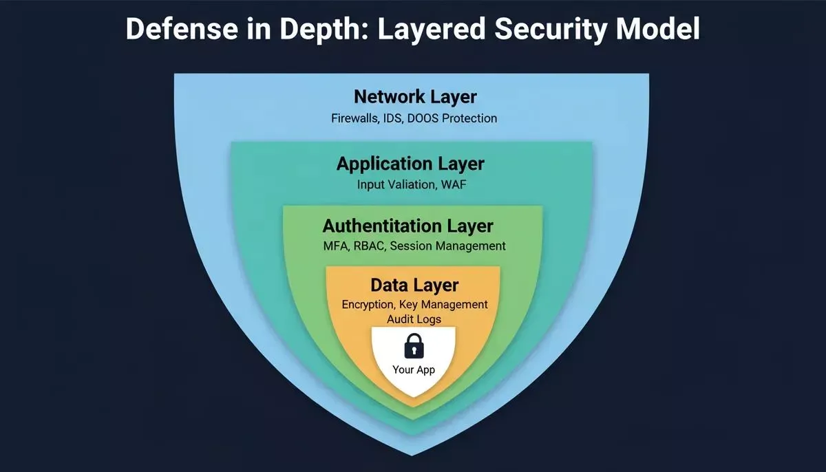Concentric shield diagram showing five security layers from outer to inner