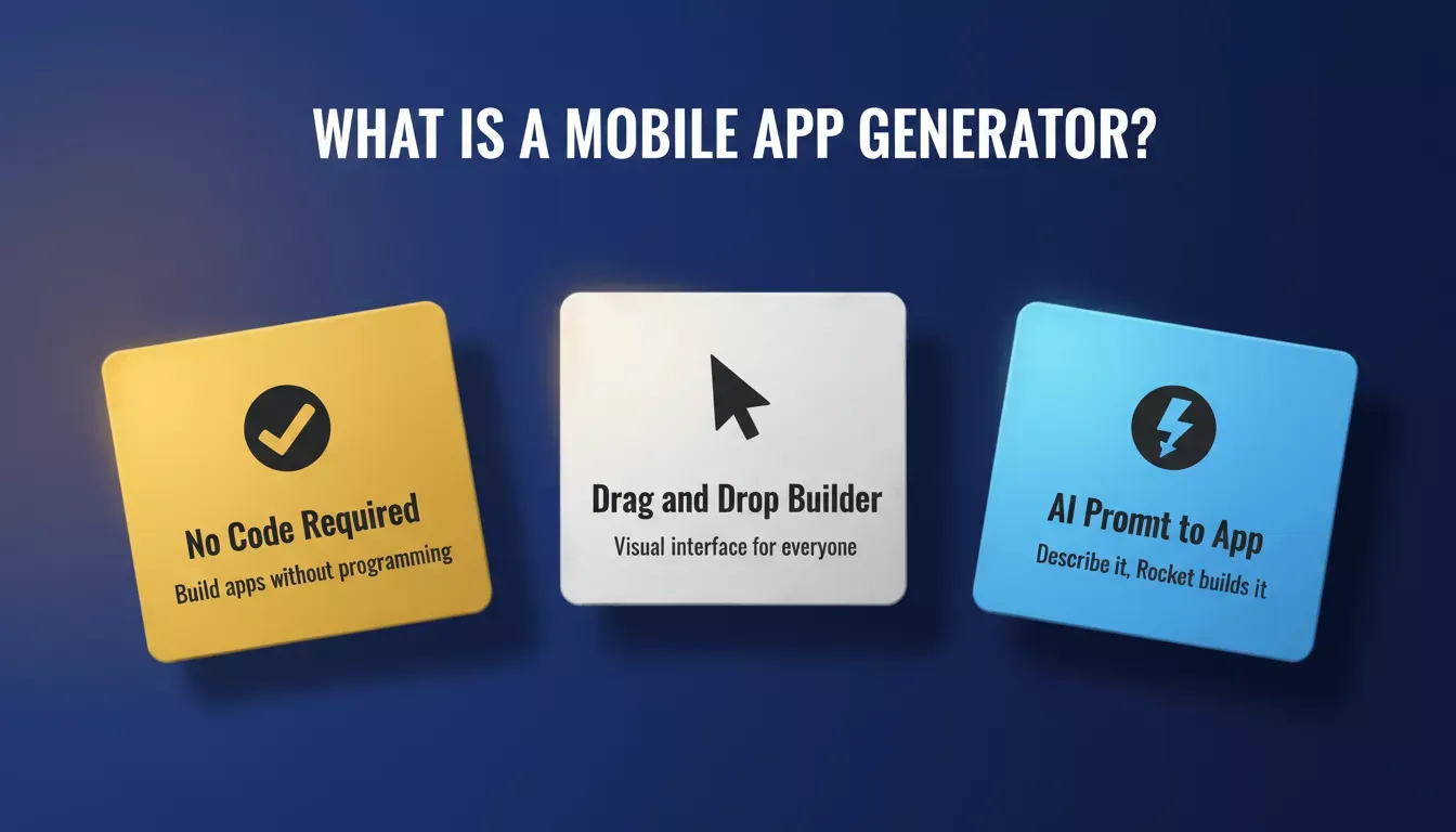 Mobile app generator overview: No Code Required, Drag and Drop Builder, AI Prompt to App with 3D cards