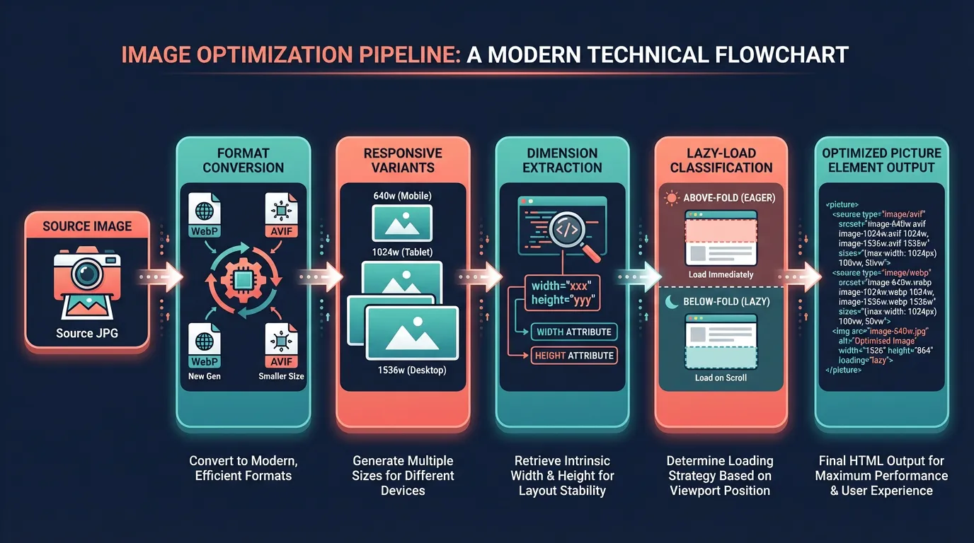 Image optimization pipeline: source JPG to format conversion to responsive variants to dimension extraction to lazy-load classification to optimized picture element output