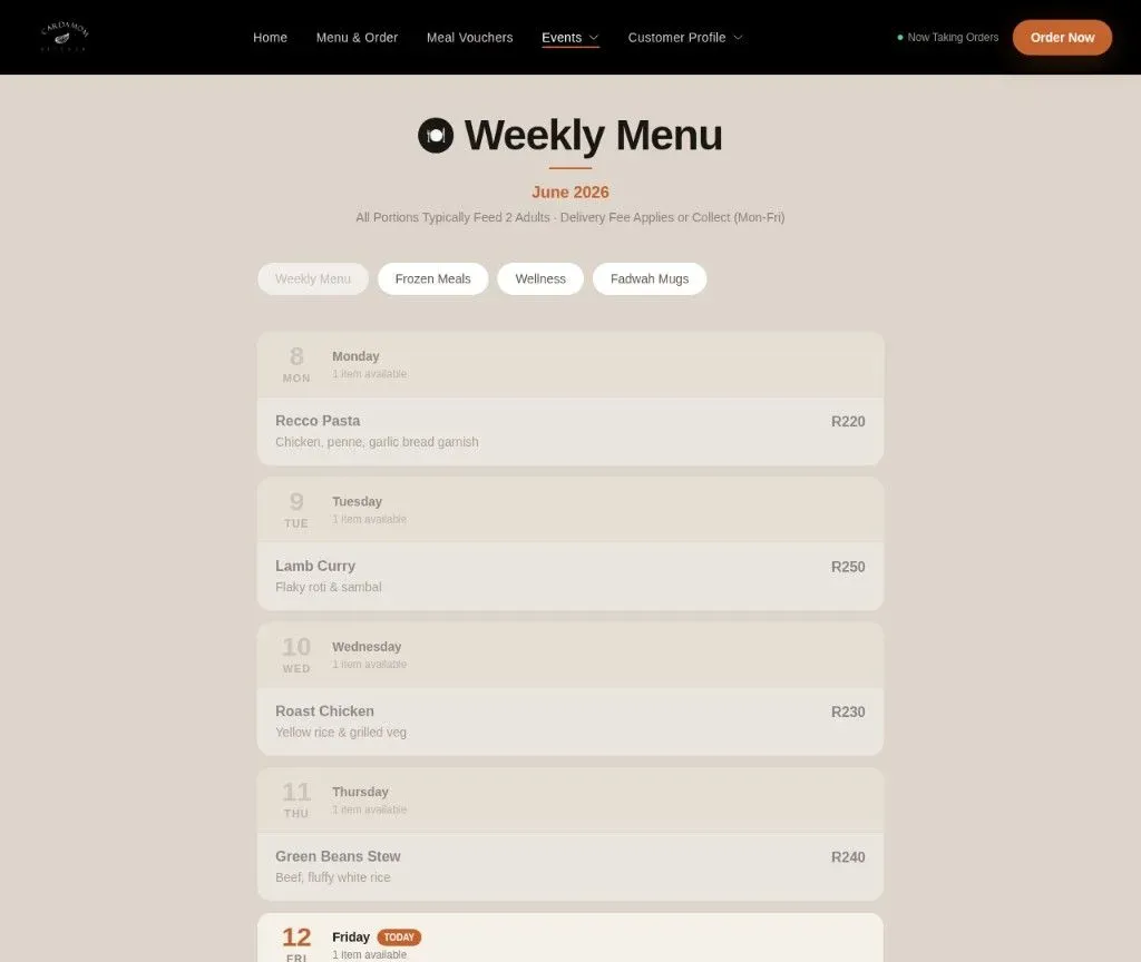 Weekly Menu - rotating chef offerings surfaced by day, no manual page rebuilds.