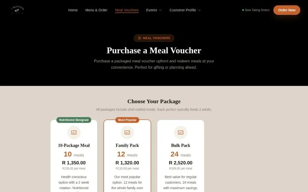 Meal Vouchers - tiered prepayment packages for gifting and planning ahead.