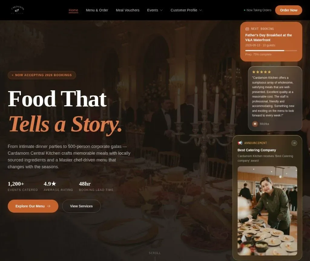 Cardamom Central Kitchen - live homepage with booking status, reviews, and a chef-driven menu.