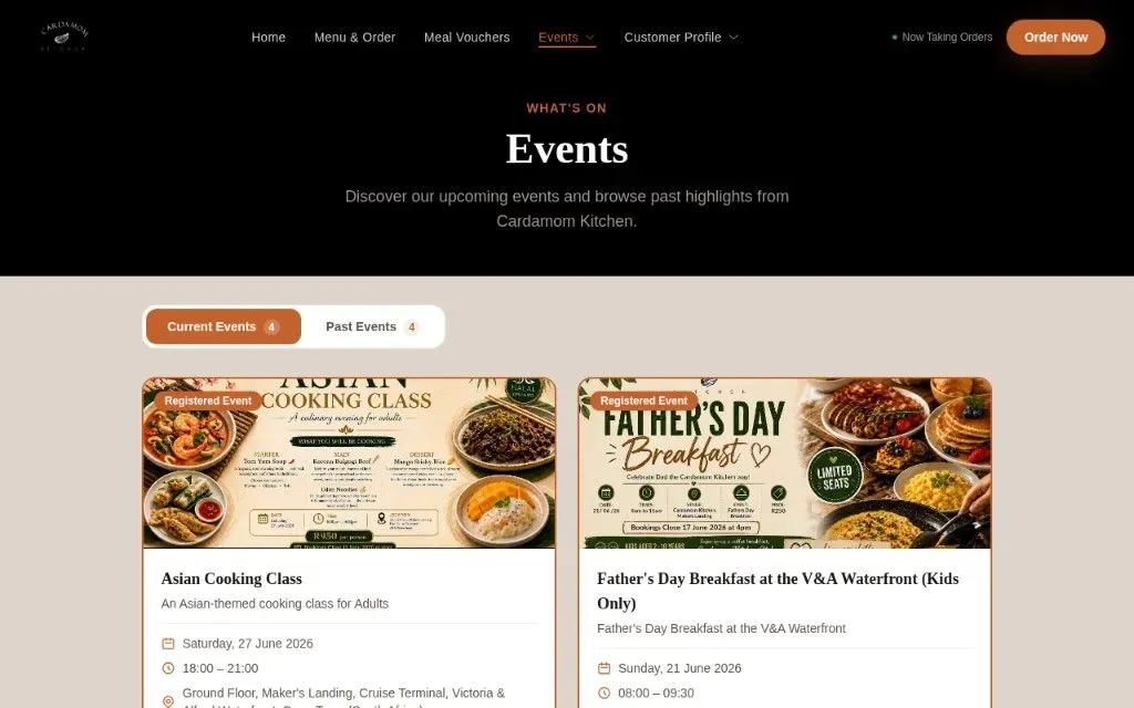 Events & Catering - current and past events with registration and detail capture.