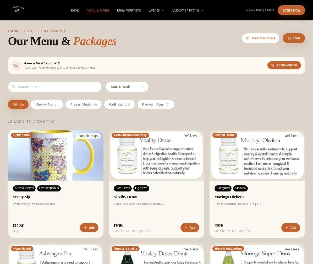 Menu & Packages - 19 chef-crafted items with search, filters, and voucher redemption.