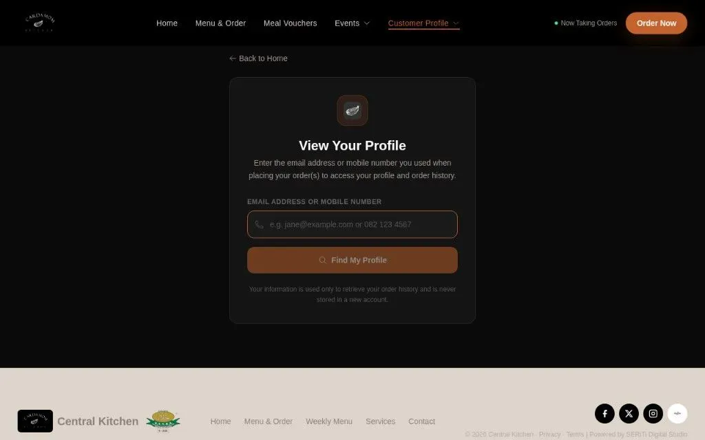 Customer Profile - order history lookup by email or mobile number.