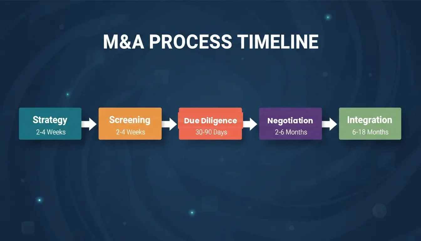 Five-stage M&A process timeline showing Strategy, Screening, Due Diligence, Negotiation, and Integration with typical durations for each stage of the deal