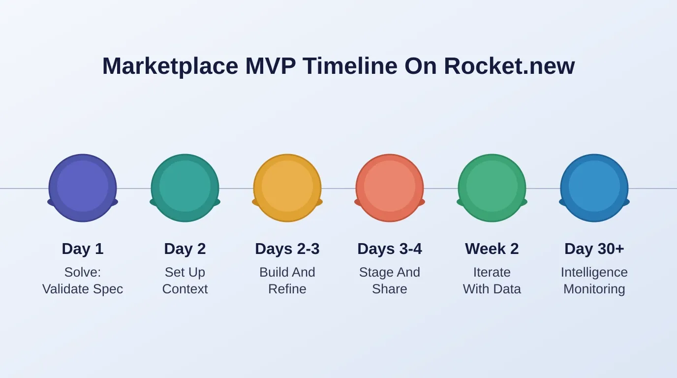 Horizontal timeline: Day 1 Solve Validate Spec, Day 2 Set Up Context, Days 2-3 Build And Refine, Days 3-4 Stage And Share, Week 2 Iterate With Data, Day 30 plus Intelligence Monitoring