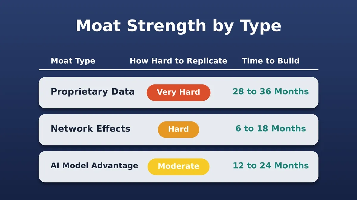Moat strength comparison table with 3D row cards: Proprietary Data very hard to replicate, Network Effects hard, Switching Costs and AI Advantage moderate