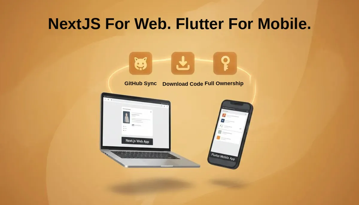 3D laptop showing Next.js Web App and smartphone showing Flutter Mobile App with Github Sync, Download Code, and Full Ownership badges