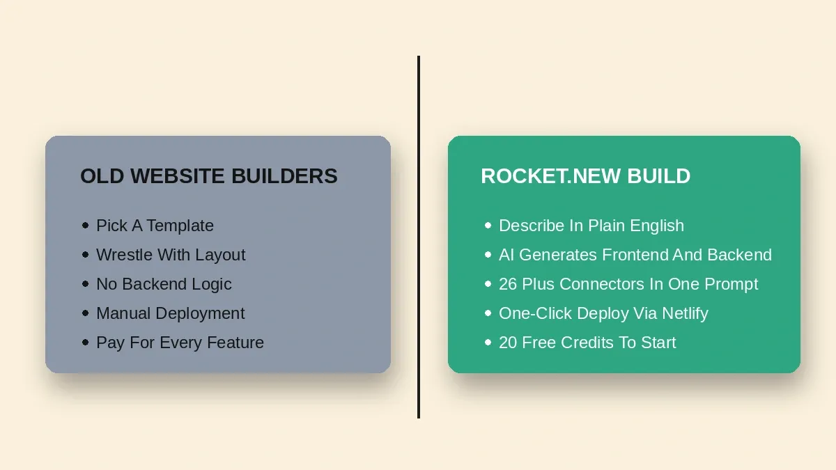 Side-by-side comparison of old website builders versus Rocket.new Build, showing five limitations on the left and five AI-powered capabilities on the right