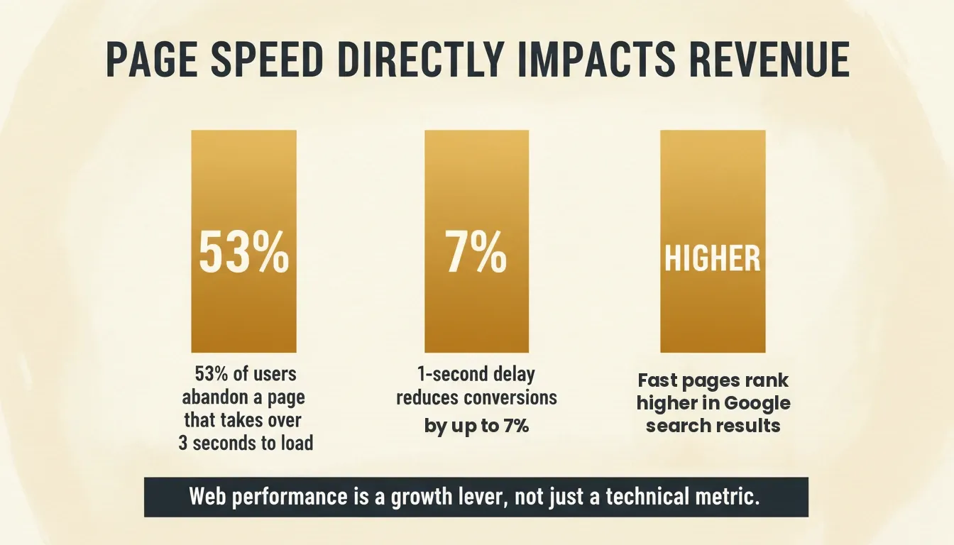 Data infographic: 53% of users abandon pages that take over 3 seconds to load; 1-second delay reduces conversions by 7%; fast pages rank higher in Google search