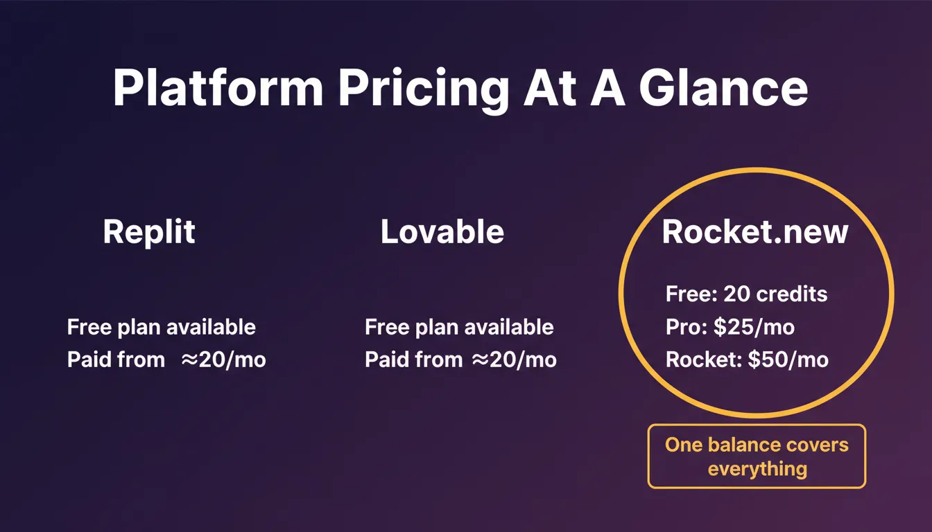 Platform pricing: Replit, Lovable, and Roccket.new