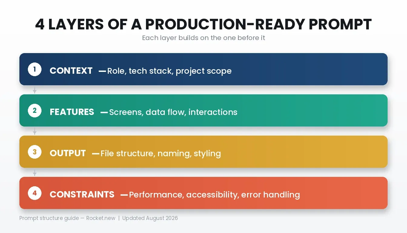 4 Layers of a Production-Ready Prompt showing context, features, output, and constraints