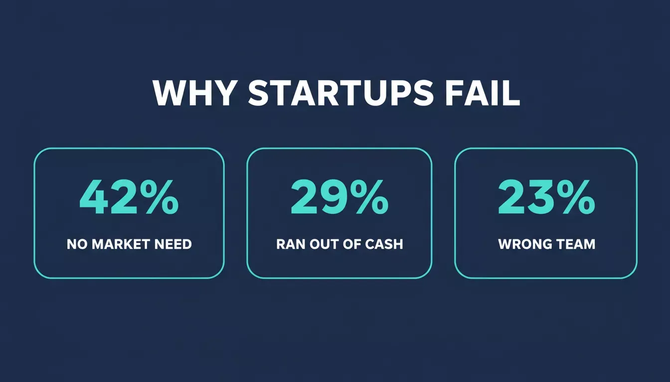 Why Startups Fail, data-driven infographic showing 42% no market need, 29% ran out of cash, 23% wrong team