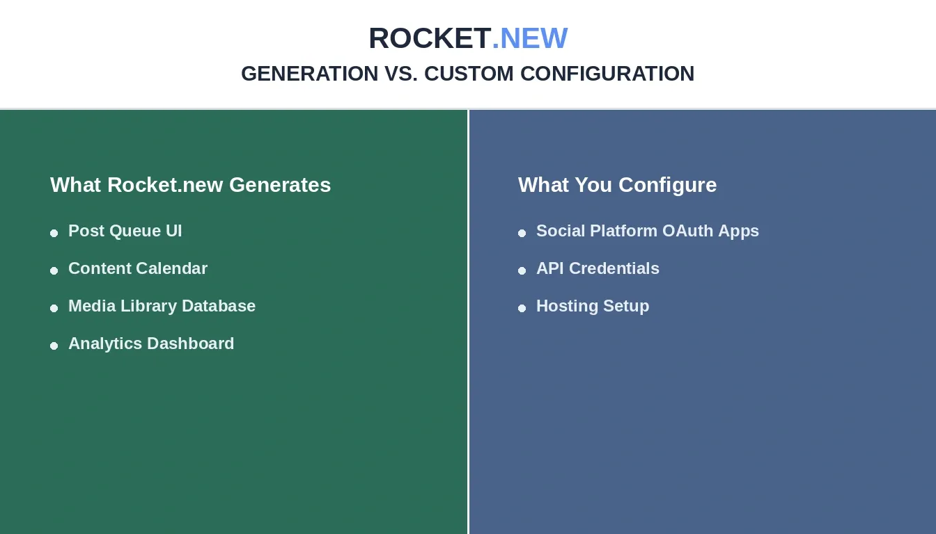 Split-screen showing what Rocket.new generates automatically on the left versus what you configure yourself on the right