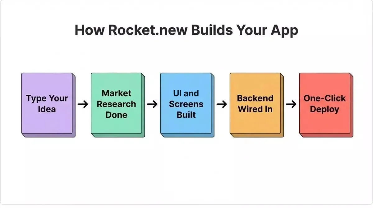 How Rocket.new Builds Your App in five steps from typing your idea to one-click deploy with Supabase backend auto-configured, shown as 3D floating step cards