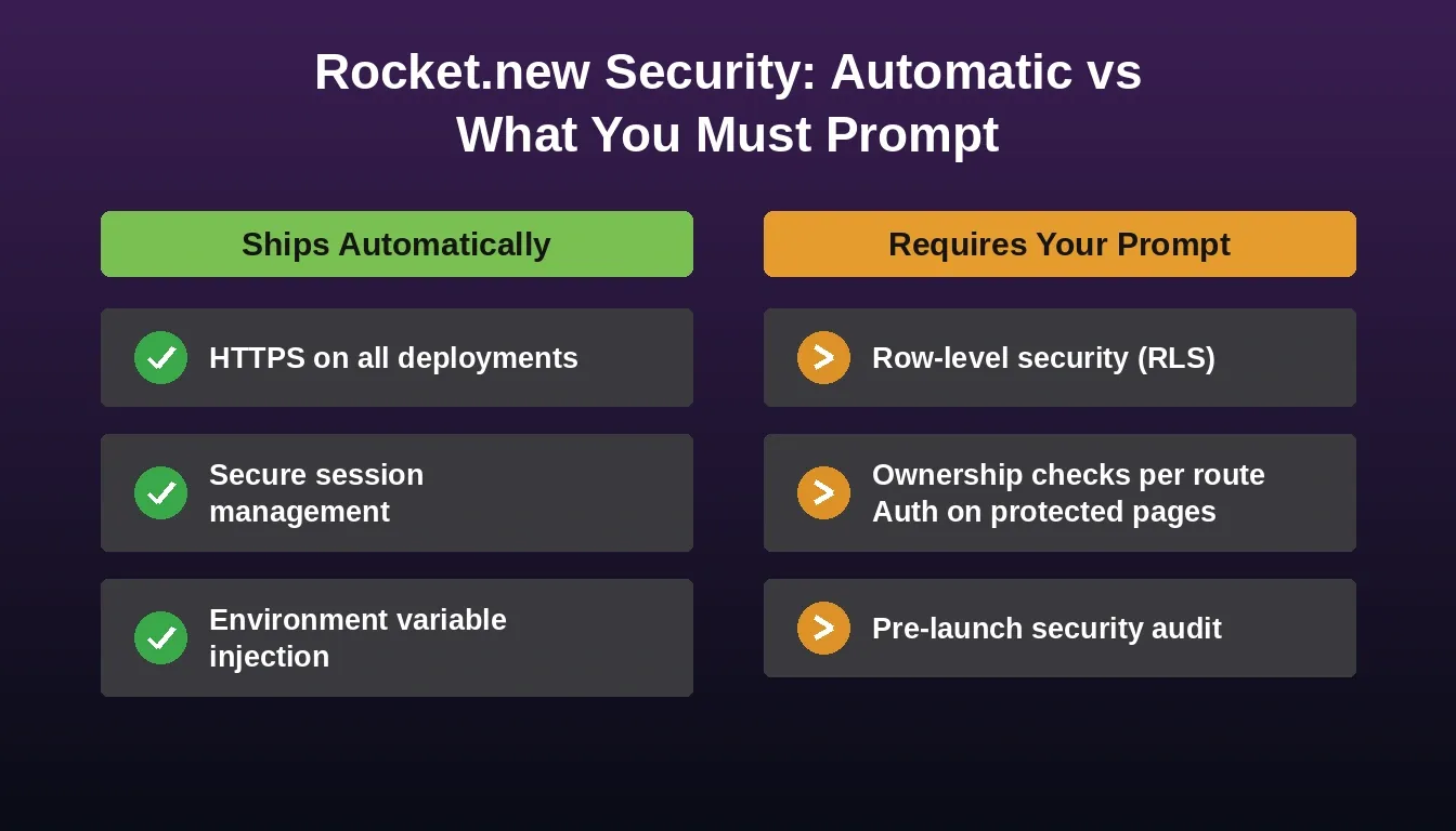 Two-column comparison showing Rocket.new security model