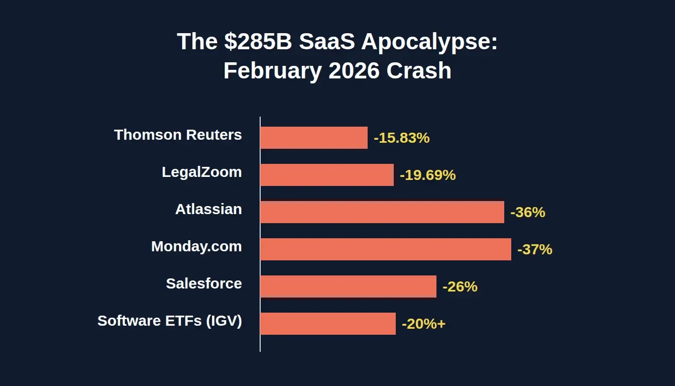 The $285B SaaSpocalypse crash data visualization showing company stock drops