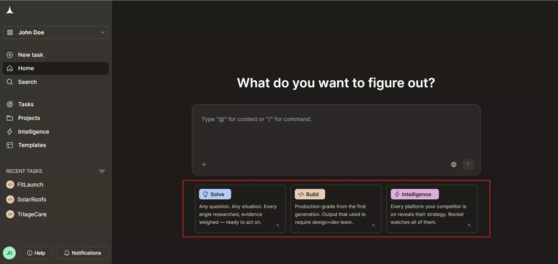 Rocket.new Three Pillars: Solve for research, Build for app generation, Intelligence for competitor monitoring